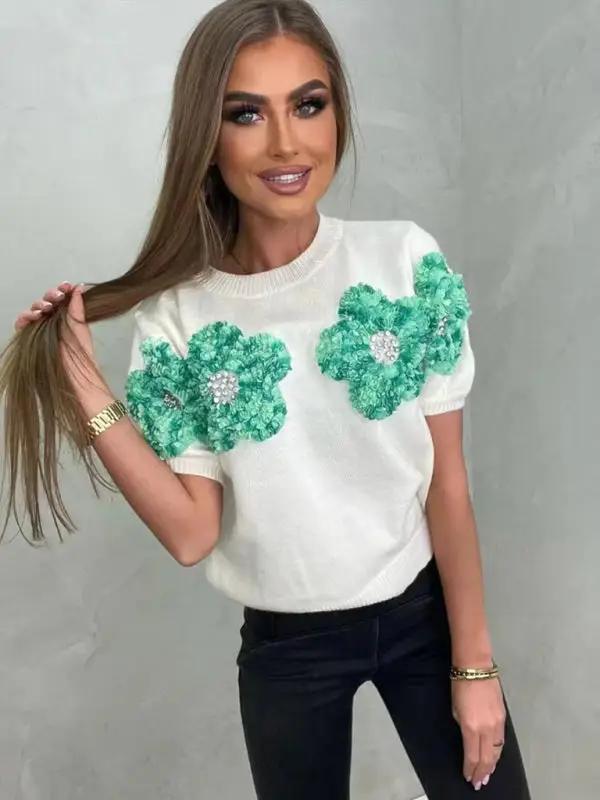 Levoire | Nouveau sweat-shirt rond en fleurs contrastantes rose doux à manches courtes Vert