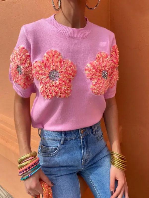 Levoire | Nouveau sweat-shirt rond en fleurs contrastantes rose doux à manches courtes Rosa