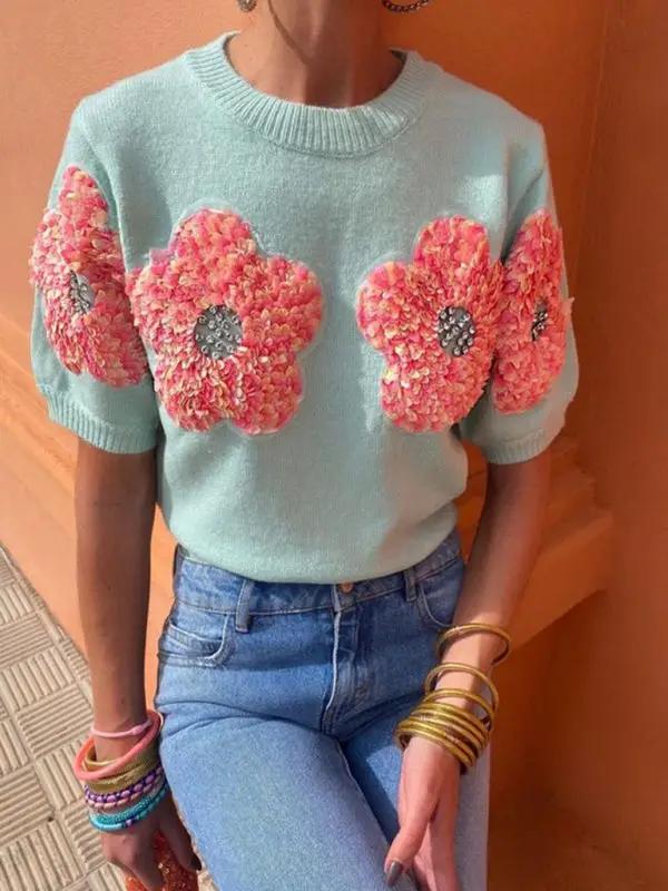 Levoire | Nouveau sweat-shirt rond en fleurs contrastantes rose doux à manches courtes Speerminze viridis