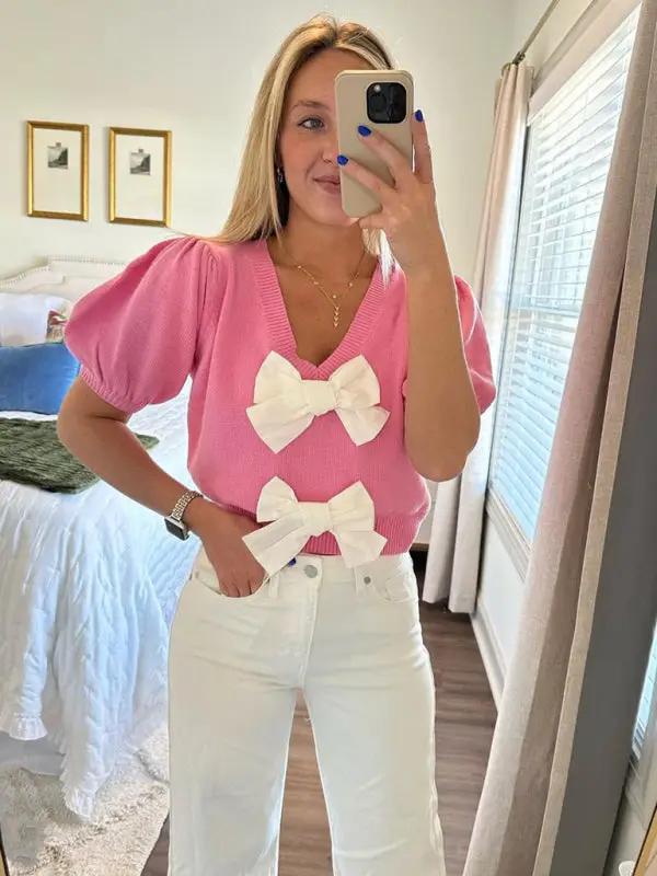 Levoire | Nouveau col en V à manches courtes personnalisé double nœud pull uni Rosa