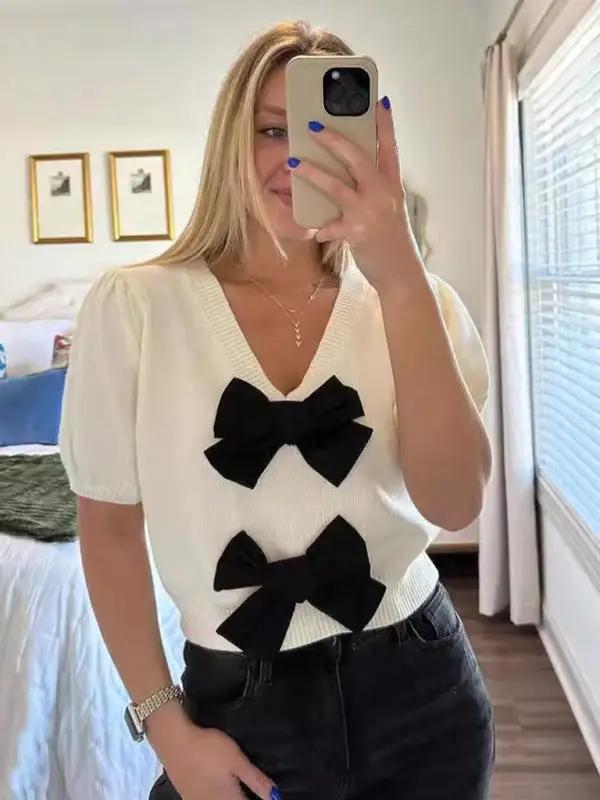 Levoire | Nouveau col en V à manches courtes personnalisé double nœud pull uni Blanc