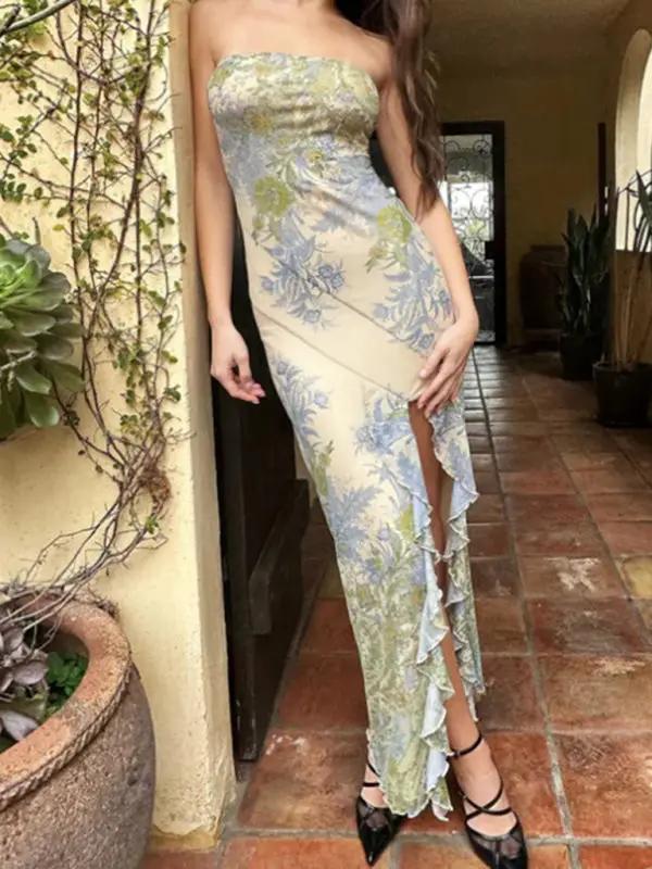 Levoire | Nouvelle style élégant en mesh imprimé slim-fit tube haut robe Vert mousse
