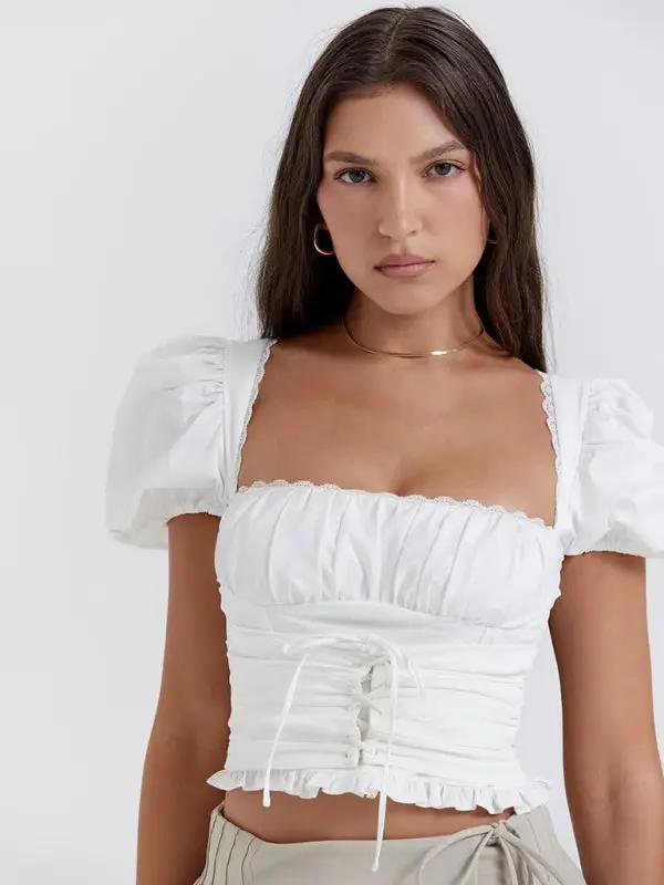 Levoire | Français Rétro Carré Cou Puffed Manches Super Courte Bouton Baug Exposant Chaud Fille Chemise Blanc