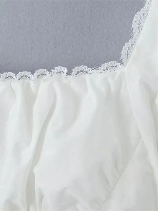 Levoire | Français Rétro Carré Cou Puffed Manches Super Courte Bouton Baug Exposant Chaud Fille Chemise