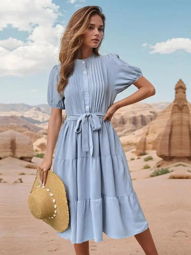 Levoire | Femme Col montant Plissé Manches courtes Pendule Cordon Robe Midi