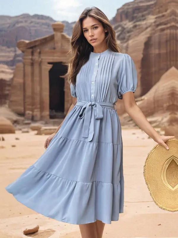 Levoire | Femme Col montant Plissé Manches courtes Pendule Cordon Robe Midi