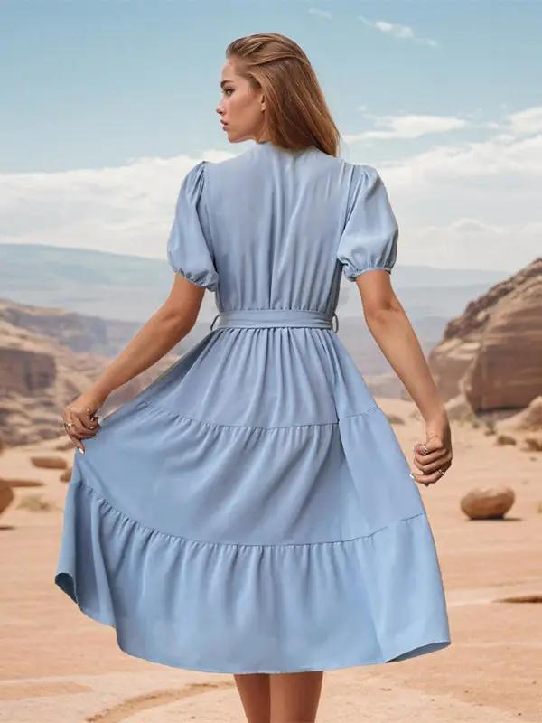 Levoire | Femme Col montant Plissé Manches courtes Pendule Cordon Robe Midi
