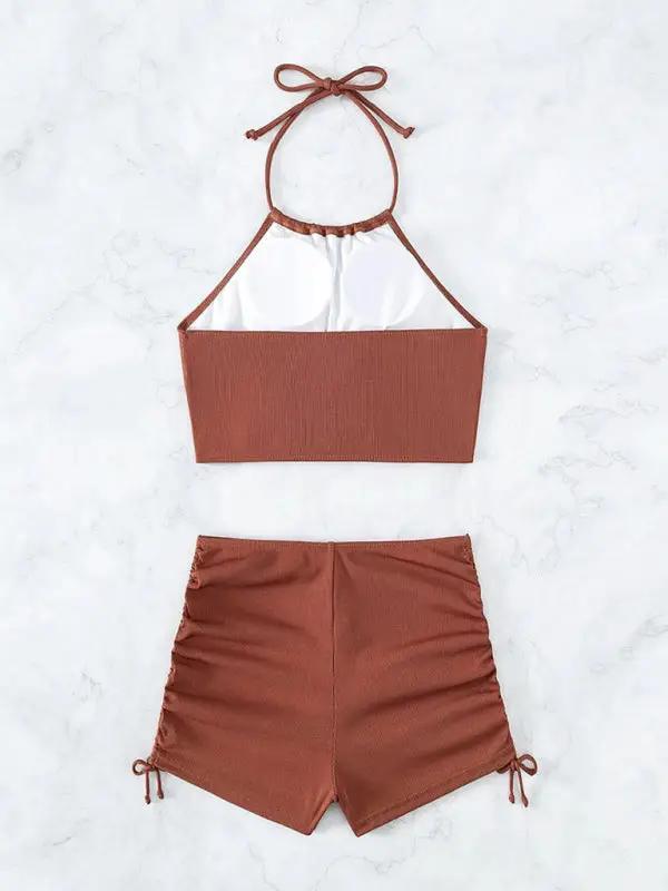 Levoire | Nouveau bikini uni à col halter avec short boxeur à fente