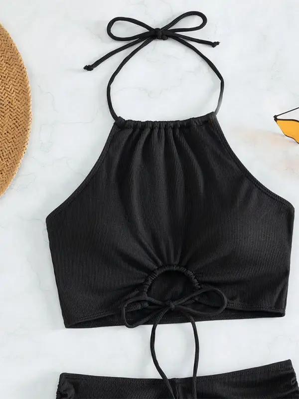 Levoire | Nouveau bikini uni à col halter avec short boxeur à fente