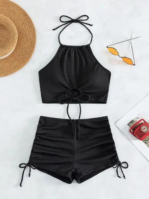 Levoire | Nouveau bikini uni à col halter avec short boxeur à fente