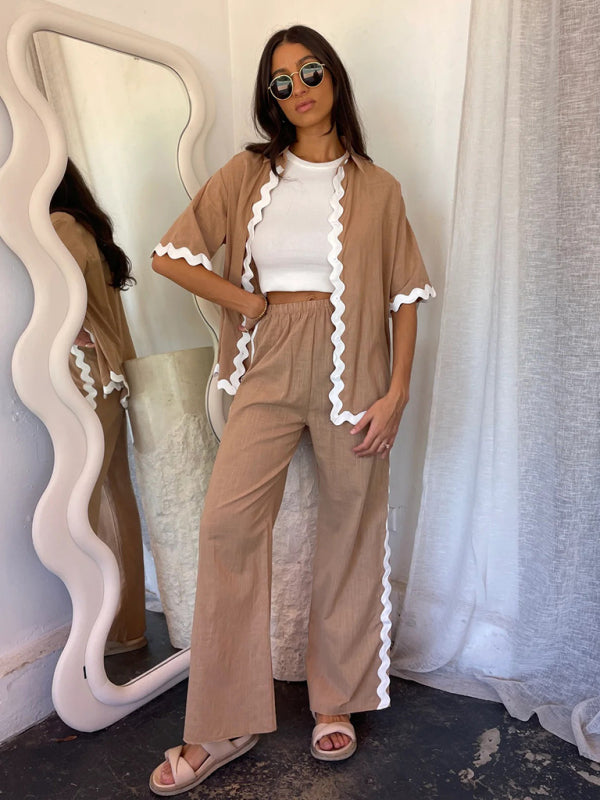 Levoire | Nouveau style de pantalons à taille ajustable et décontractés à une rangée à bout pointu et de tenue de chemise Chameau