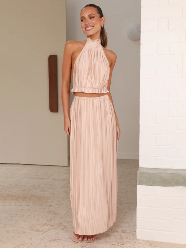 Levoire | Vêtements pour femmes nouvelle robe sexy à bretelles longues fentes arrière non déclaré jupe plissée longue robe Lotus racine Rose