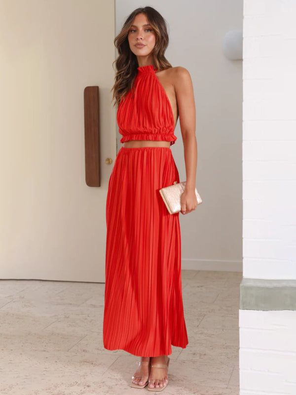 Levoire | Vêtements pour femmes nouvelle robe sexy à bretelles longues fentes arrière non déclaré jupe plissée longue robe Rot