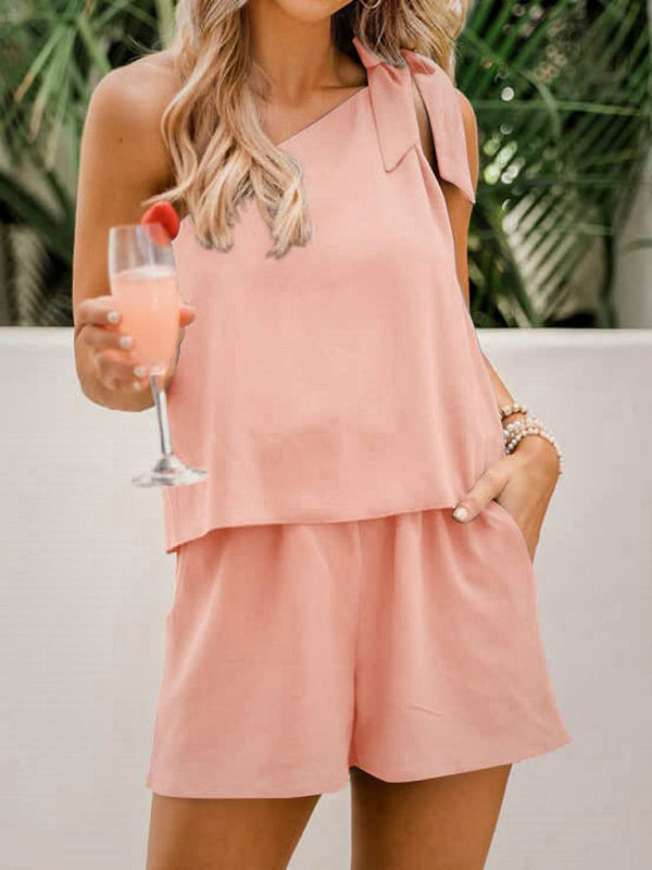 Levoire | Nouveau haut avec bord oblique et jambes larges ainsi que ceinture élastique à la taille, ensemble en deux pièces Rosa