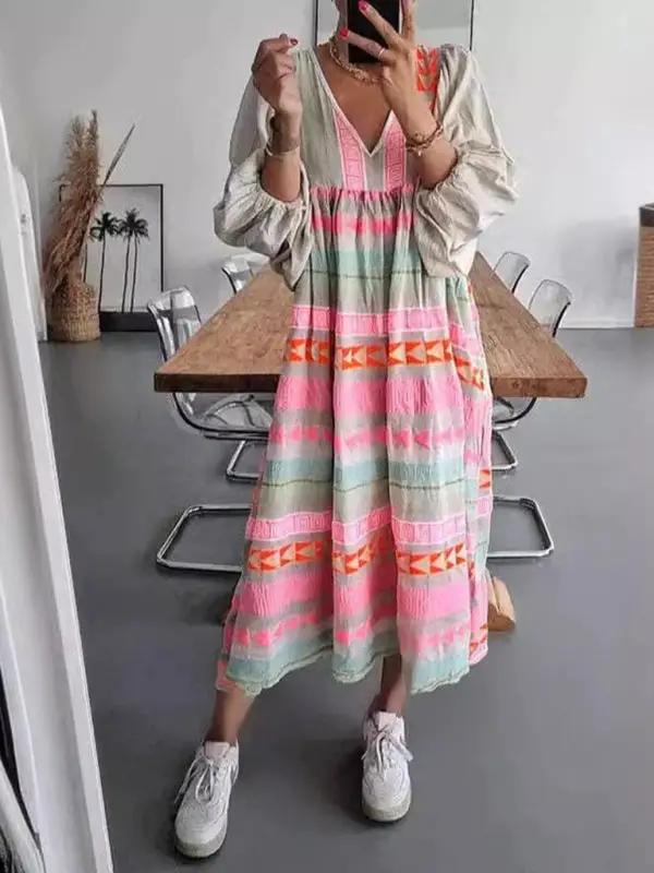 Levoire | Nouveau pull tendance profond V-neck loose manches bouffantes est une robe décontractée colorée Rosa
