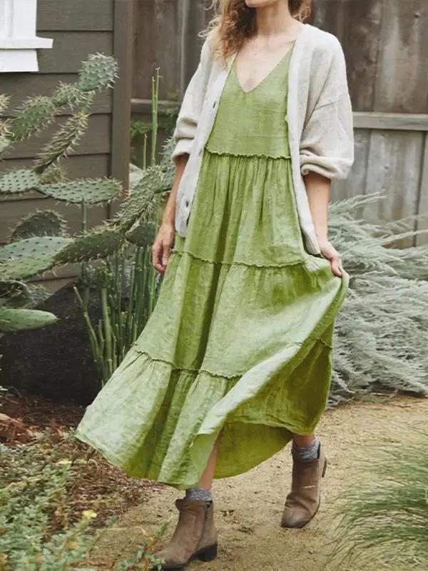 Levoire | Vêtements pour dames sans manches robe en coton et lin unie Vert