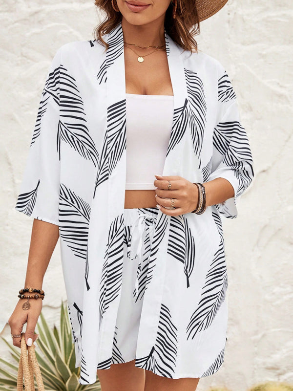 Levoire | Motard-friendly imprimé décontracté style de vacances Cardigan Shorts Ensemble Blanc