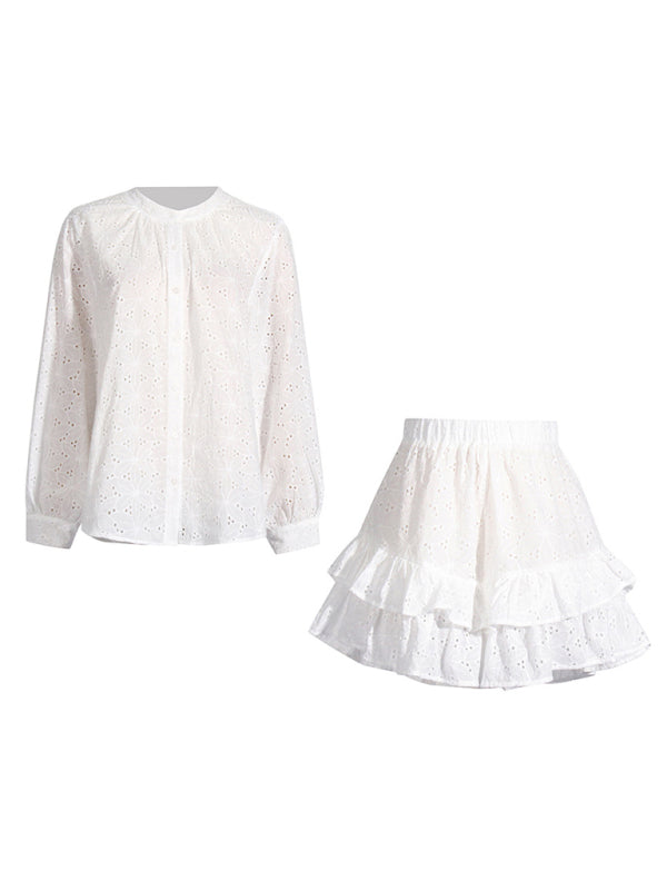 Levoire | Nouvelle chemise moderne à col rond perforé à manches longues, shorts à volants taille haute, tenue décontractée