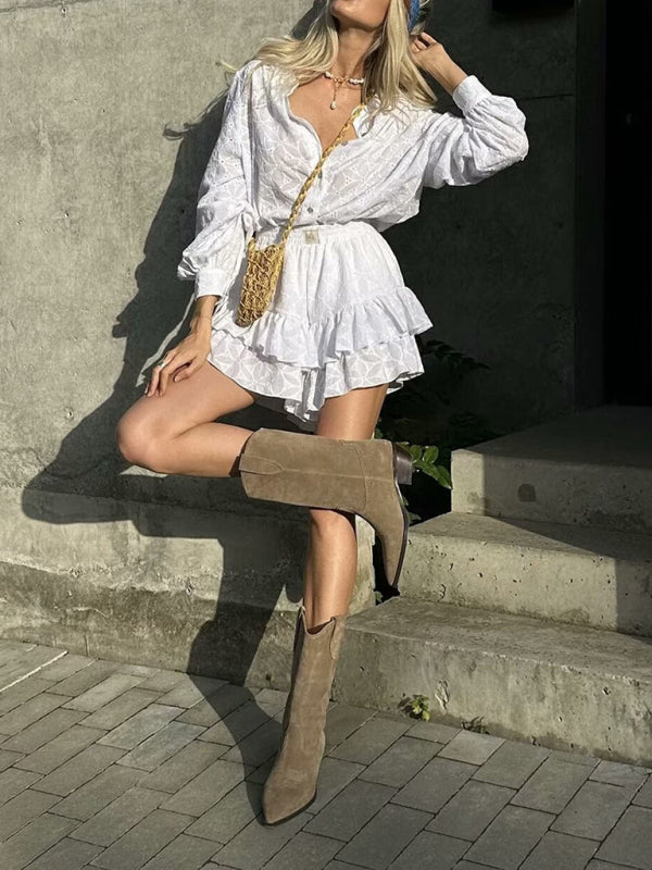 Levoire | Nouvelle chemise moderne à col rond perforé à manches longues, shorts à volants taille haute, tenue décontractée