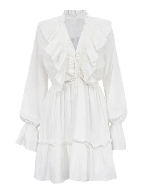 Levoire | Nouveau design en V profond avec des manches trompette froncées et une robe volant en blanc