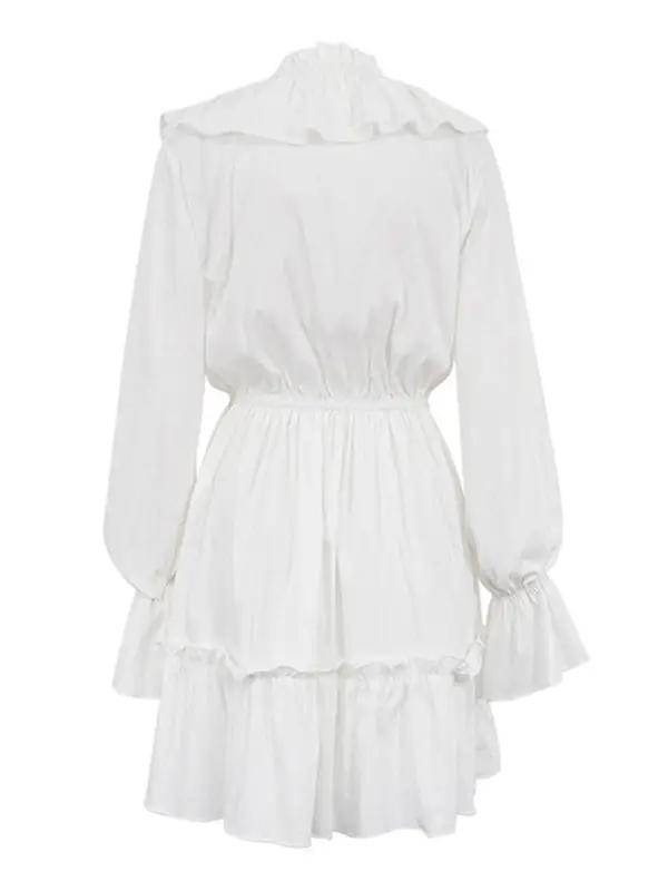 Levoire | Nouveau design en V profond avec des manches trompette froncées et une robe volant en blanc