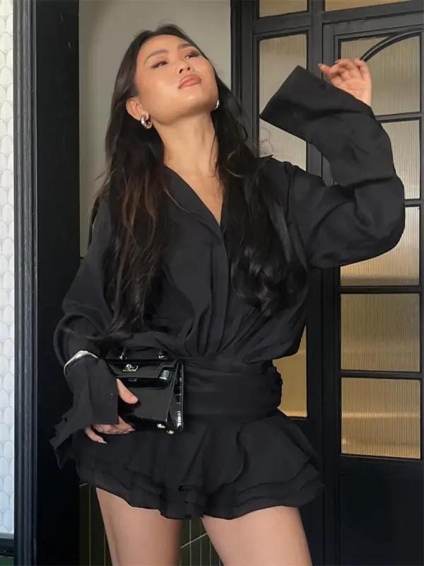 Levoire | Nouvelle robe chemise blanche à cols en V froncée jupe fille Noir