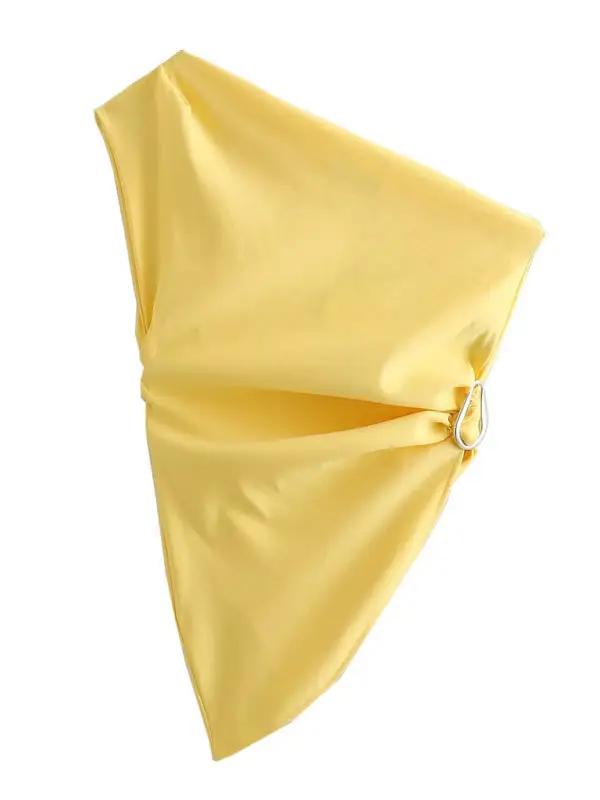 Levoire | Nouveau pull femme uni avec col en biais sans manches top plissé asymétrique Jaune