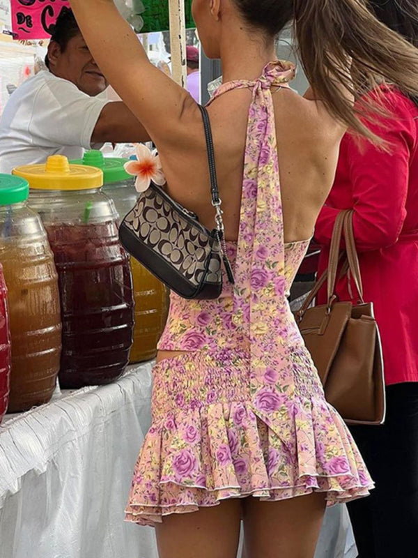 Levoire | Nouvelle sexy mode halterneck top V décolleté robe fleur deux pièces ensemble