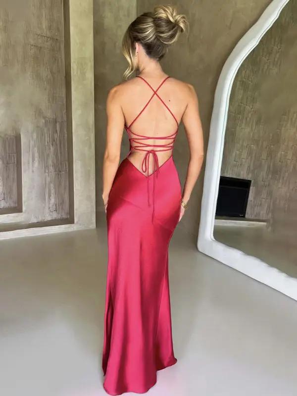 Levoire | Femmes Robe longue sexy à dos nu avec décolleté en V en satin fendu