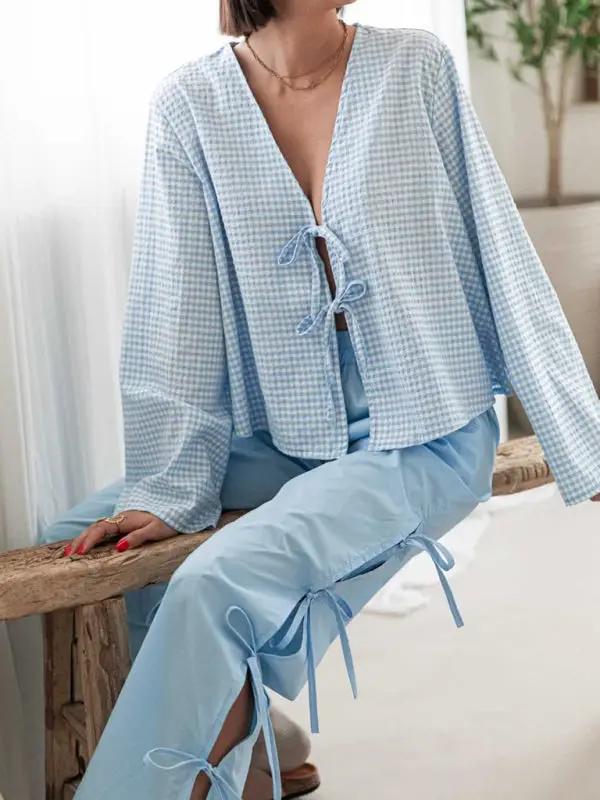Levoire | Mode dames pantalons carotte avec motif à carreaux et bretelles Ciel bleu azur