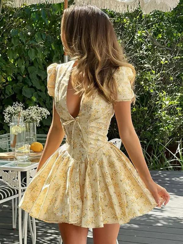 Levoire | Nouvelle Sexy Profonde V Svelte Taille Courtes Manches Mi-longue Fleurs Robe