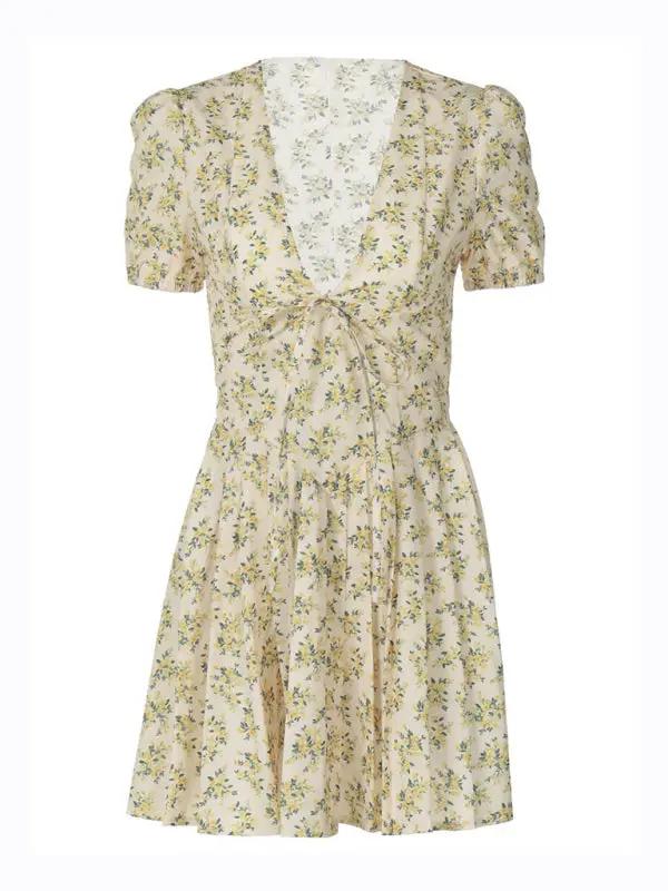 Levoire | Nouvelle Sexy Profonde V Svelte Taille Courtes Manches Mi-longue Fleurs Robe