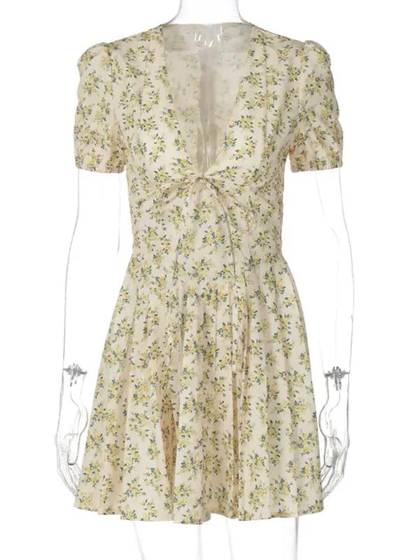 Levoire | Nouvelle Sexy Profonde V Svelte Taille Courtes Manches Mi-longue Fleurs Robe