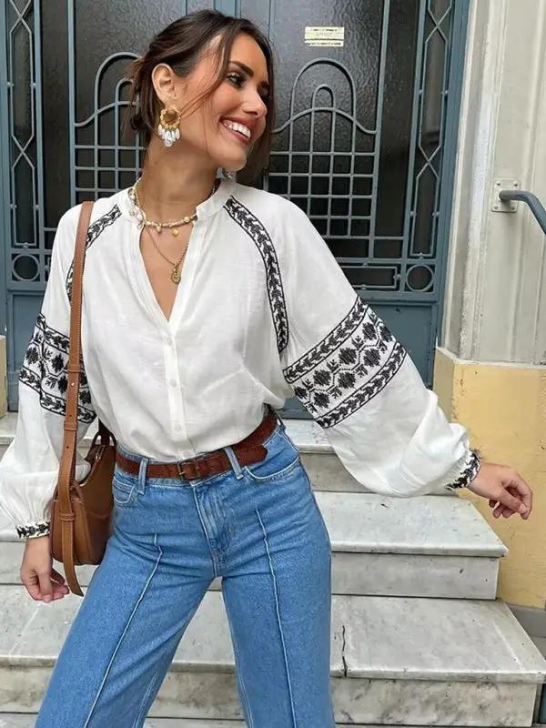 Levoire | Nouvelle vêtement pour dames polyvalent broderie personnel contrastant chemise Blanc