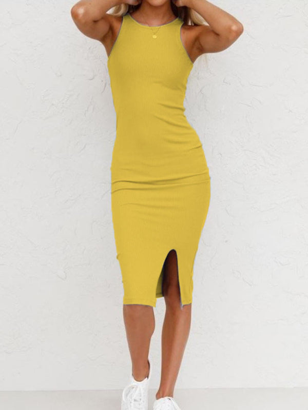 Levoire | Femmes Gilet Coloré Élégant Robe Tricotée Longue Fendue Jaune