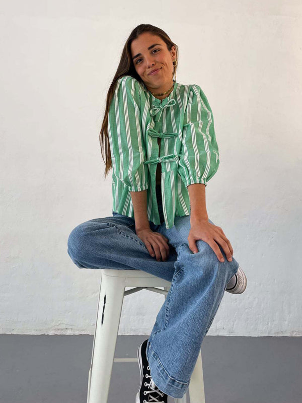 Levoire | Nouvelle chemise patchwork à rayures pointues mi-manches lâches