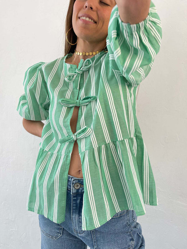 Levoire | Nouvelle chemise patchwork à rayures pointues mi-manches lâches Vert