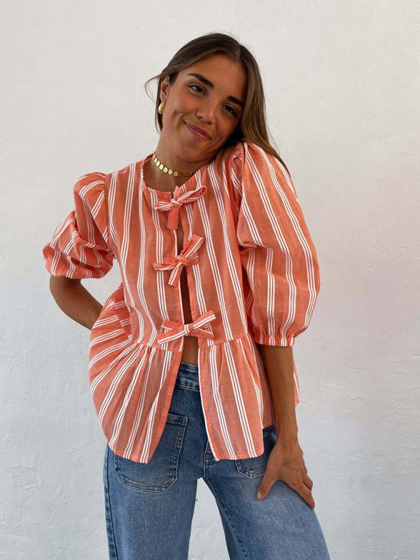 Levoire | Nouvelle chemise patchwork à rayures pointues mi-manches lâches Orange