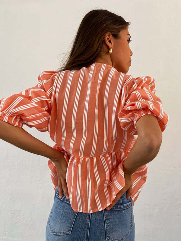 Levoire | Nouvelle chemise patchwork à rayures pointues mi-manches lâches