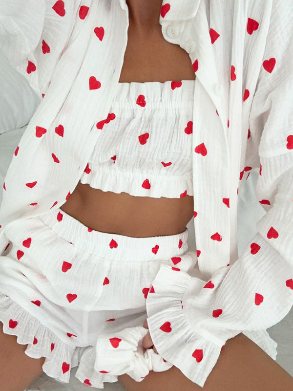 Levoire | Top sexy à col tube et imprimé d'amour ensemble de nuit en trois pièces Blanc