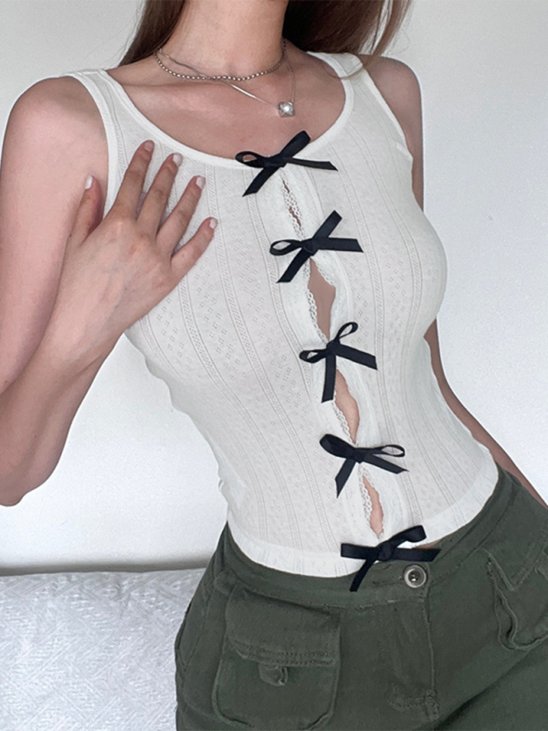 Levoire | Top à col rond sans manches ajustée en patchwork avec nœud de couleur contrastée et décolleté en V Blanc