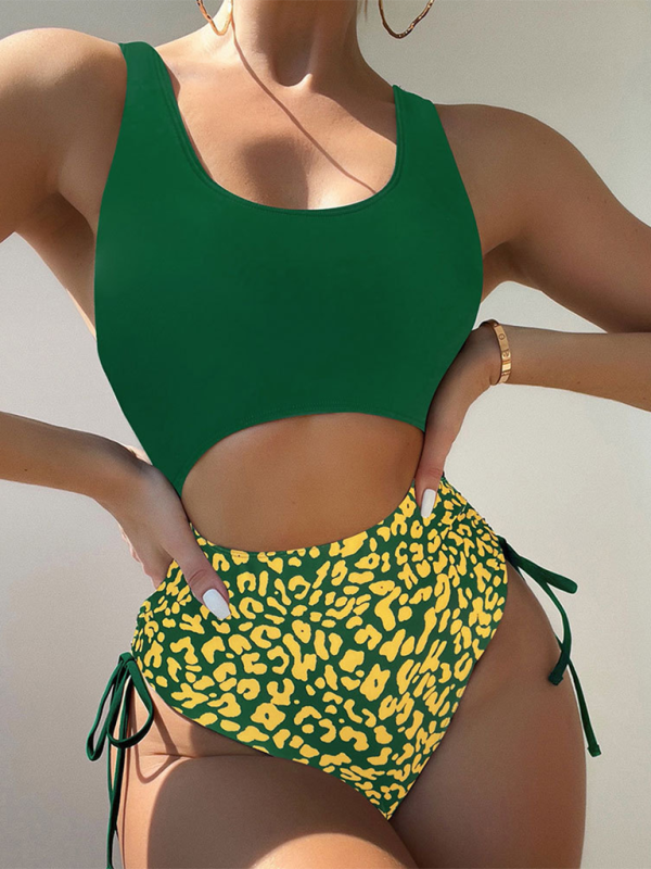 Levoire | Nouveau maillot de bain sexy U en motif léopard pour spa à bretelles Vert noir Jasper