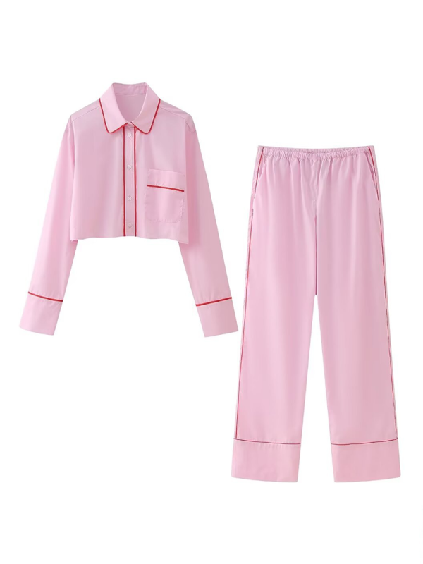 Levoire | Nouveau style portefeuille inversé uni chemise à manches longues détails contrastants pantalon de loisirs ensemble Rosa