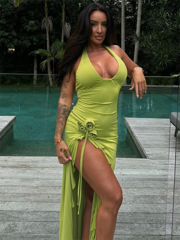 Levoire | Nouvelle Mode Sexy Unie Slim Taille Haute V-Décolleté Dos Nu Robe Vert