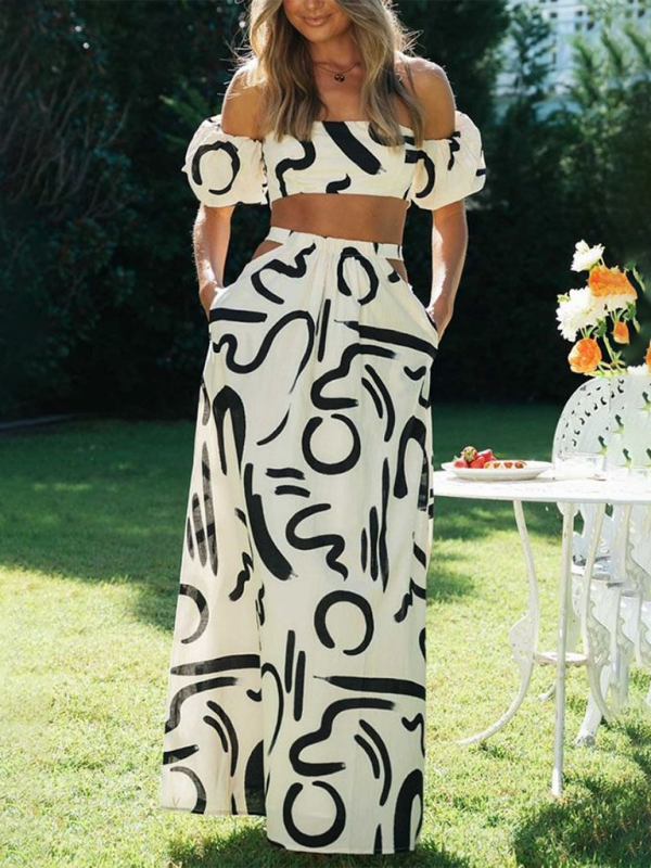 Levoire | Nouvelle top à manches bouffantes, longue jupe, ensemble jupe fendue Blanc