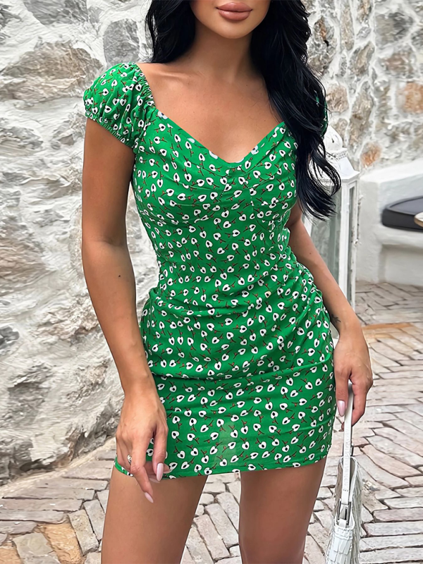 Levoire | Nouveau style polyvalent élégant courte robe fleurie à décolleté en V Vert