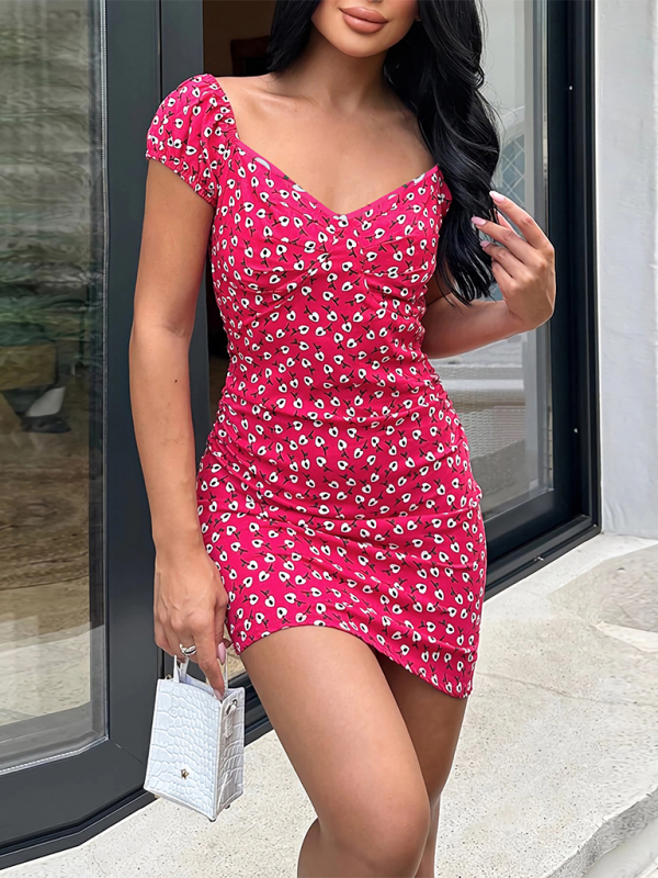 Levoire | Nouveau style polyvalent élégant courte robe fleurie à décolleté en V Rosa