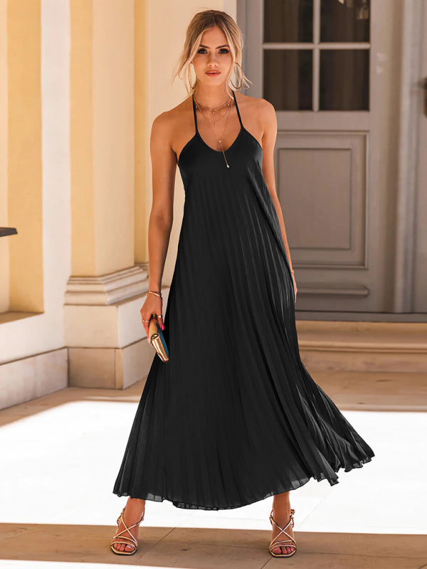 Levoire | Nouvelle robe longue plissée en A de vacances à la plage Noir