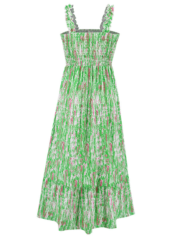 Levoire | Dame élégant imprimé élastique lanière jupe vacances style Fleur française lanière robe longue