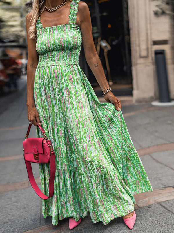 Levoire | Dame élégant imprimé élastique lanière jupe vacances style Fleur française lanière robe longue